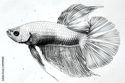 Digital image of baby siamese fighting fish fish line art, isolaled on white background 