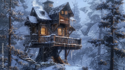 a quaint and cozy digital painting of a tree house tucked away in a snowy forest.