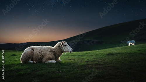 Amidst the Whispers of Peace: A Lone Sheep's Night of Eid ul Adha Contemplation, Engrossed in Serene Reflections on a Hill