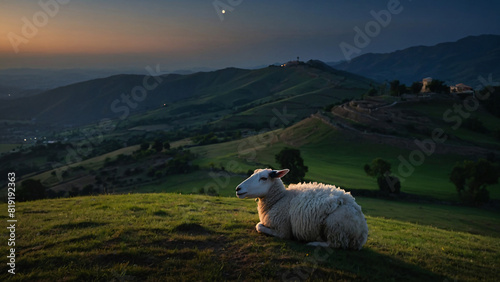 Amidst the Whispers of Peace: A Lone Sheep's Night of Eid ul Adha Contemplation, Engrossed in Serene Reflections on a Hill