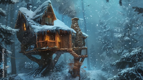 a quaint and cozy digital painting of a tree house tucked away in a snowy forest.