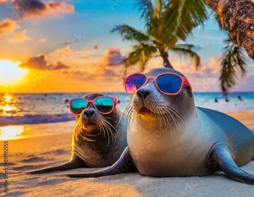 Seehunde liegen mit Sonnenbrillen am Palmenstrand am Meer