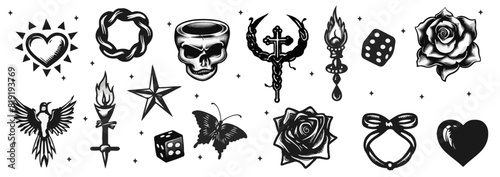Y2k symbols, goth chain, heart, flame, bow, mouth, butterfly knife, mouth, blackthorn, blade, broken mirror. Y2k aesthetic set. Tattoo art signs of 2000s style. Gothic tattoo stickers.