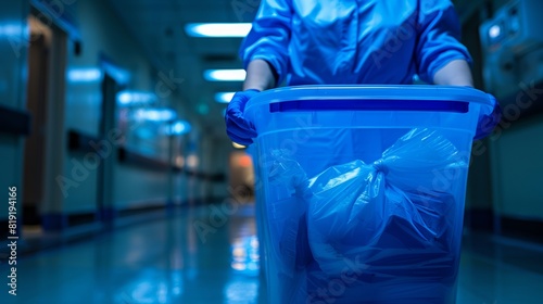 Close-up of female cleaner wearing gloves throwing trash from garbage bin into plastic bucket