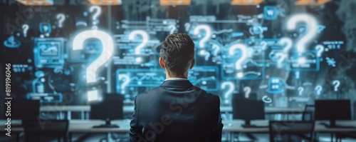 Human icon with question marks in a decision-making context selective focus ethereal Manipulation office backdrop