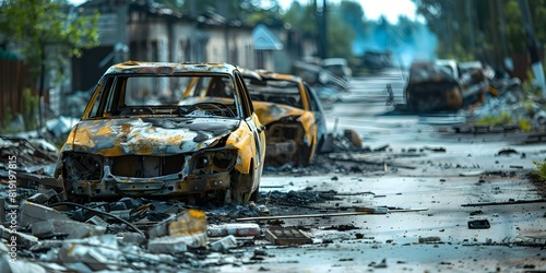 News Russia invades Ukraine causing destruction with burnedout vehicles and damaged buildings. Concept International Relations, Russia-Ukraine Conflict, War Coverage, Humanitarian Crisis
