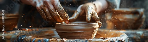 A potter is carefully shaping a bowl on a spinning wheel