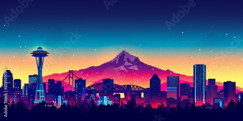 Vivid Seattle Cityscape at Sunset with Iconic Space Needle and Mount Rainer in the Background - A Stunning Urban Silhouette