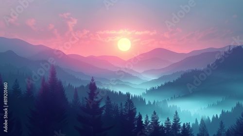 Misty hills at dawn flat design side view serene morning theme animation vivid