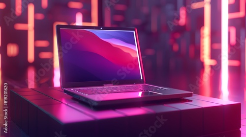 Isometric 3D render of a cutting-edge laptop displayed on a sleek podium with cool lighting effects, set against a modern tech-themed background