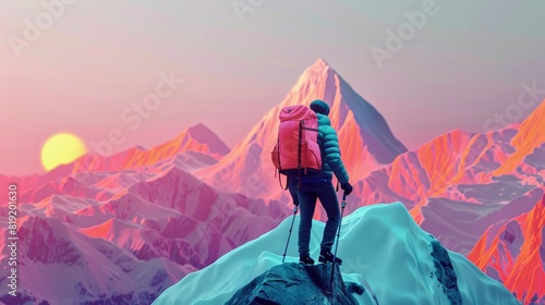 Mountain trekking adventure flat design front view outdoor exploration theme 3D render Triadic Color Scheme
