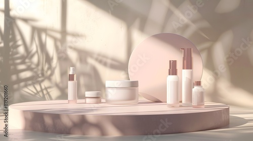 Isometric 3D render of a premium skincare product line arranged on a stylish podium with soft, flattering lighting and an elegant background