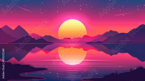 Retro Wave Sunset: A Flat Design Front View of 80s Nostalgia