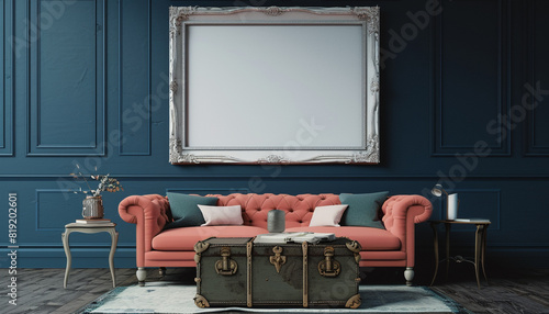 Single large frame, midnight blue wall, coral sofa, vintage trunk as a table; high-resolution 3D scene.