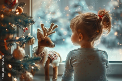 Young girl watching Christmas tree from indoors, suitable for holiday concepts