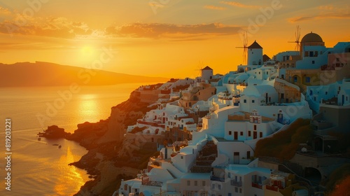 Sunset over Santorini's Iconic White-washed Buildings