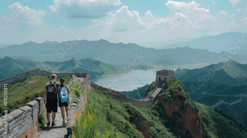 Visitors admiring the Great Wall of China.
