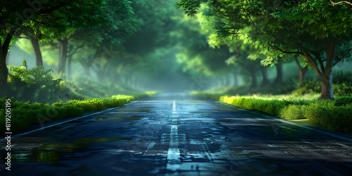 An isolated green road surrounded by trees depicted in a D rendering. Concept 3D Rendering, Nature Scene, Green Road, Tree Surroundings, Isolated Landscape