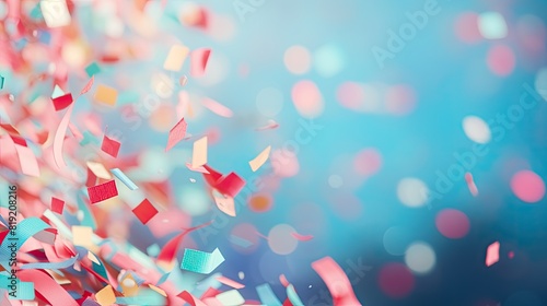 Colorful confetti and ribbons on blue bokeh background