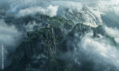 aerial view of rocky cliffs covered by the clouds. 