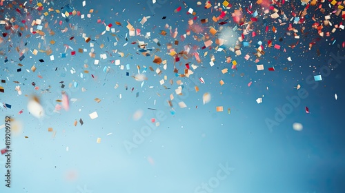 Colorful confetti on blue sky background. Holiday and celebration concept