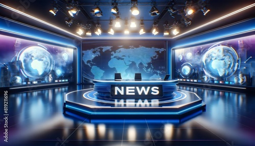 A futuristic news studio equipped with advanced technology and modern design elements. The news desk prominently displays the word "NEWS,"