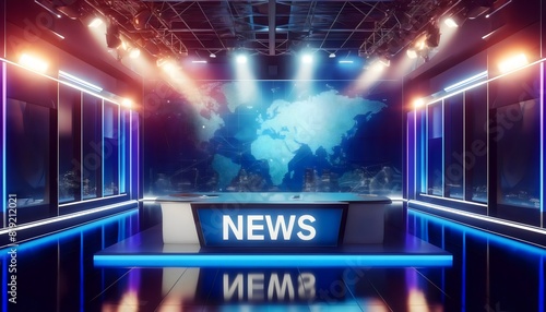 a high-tech news studio with a sleek design, featuring a central news desk illuminated by bright lights and a world map backdrop
