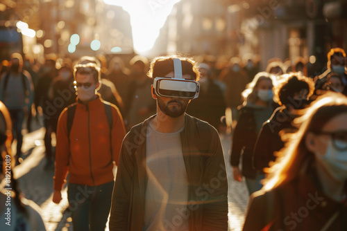 crowd of people commuting to work wearing VR headset, morning golden hour light