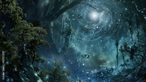 Cybernetic Atlantis, hidden in galaxy forests, where stars meet ancient canopies