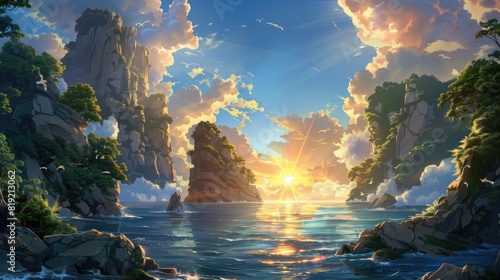 Fantasy land in a cartoon world. The light of the sun in the sky with clouds and mountains and sea