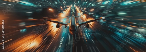 Takeoff of an airplane on an airport runway, air transport navigation Innovative airplane travel concept future technology Cargo travel on night flights. light motion blur