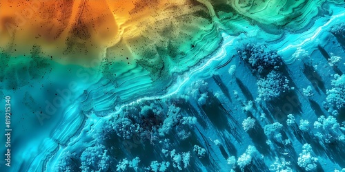 Thermal Aerial Image Demonstrating Heat Absorption in Coastal Land and Trees. Concept Thermal Imaging, Aerial Photography, Heat Absorption, Coastal Land, Trees