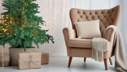 Comfortable armchair on white background with christmas tree and lights 