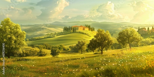 Tuscany landscape, hills and trees, old farmhouse in the distance, green grass, sunny day, blue sky,