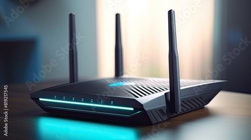 Digital illustration of a wireless router with three antenna on abstract background.