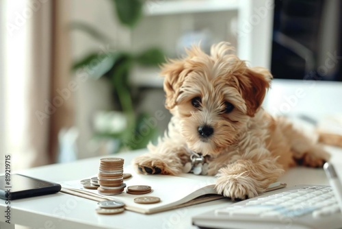 Cute puppy dog saving money with stack of invoices