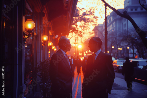 A diplomatic visit by a head of state to strengthen bilateral relations and explore areas of cooperation .Two men in suits silhouetted against the orange sky on a city sidewalk at sunset