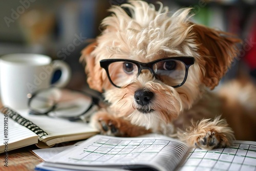 Cute puppy doing tax calculations in accountant's office