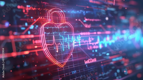 Digital security heart lock with heartbeat graph, representing cybersecurity in healthcare. Futuristic, technology, protection and health concept.