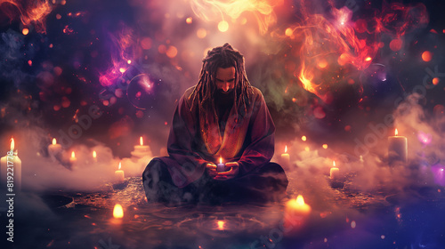 A warlock surrounded by floating candles and mystical symbols, meditating on love and harmony. Dynamic and dramatic composition, with cope space