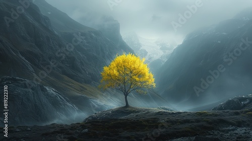 Solitary Tree in Mountain Pass - A lone tree with golden leaves stands against a dramatic mountain backdrop, highlighting the contrast between nature and rugged terrain.
