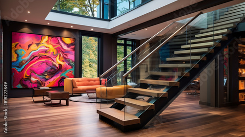 A contemporary home staircase with wooden steps and a glass balustrade, adorned with vibrant abstract paintings on the adjacent walls.
