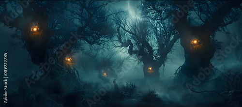 A spooky forest at night with twisted trees and glowing eyes
