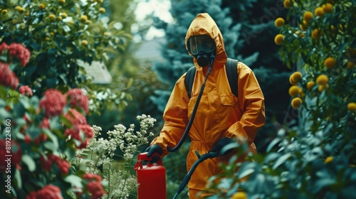 Professional Gardener in Safety Uniform Spraying Pesticides on Plants Using Pump Sprayer.