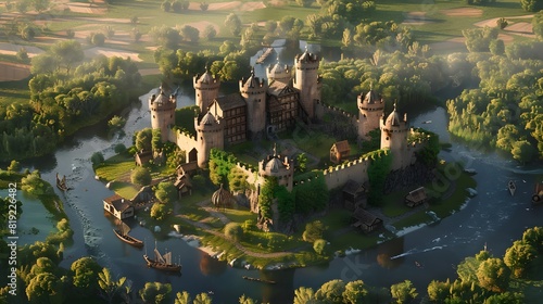 Isometric 3D render of a medieval castle surrounded by a moat and lush countryside