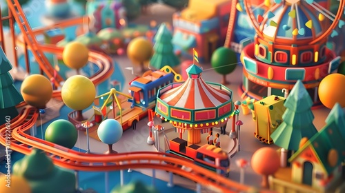 Isometric 3D render of a vibrant amusement park with roller coasters, ferris wheel, and colorful attractions