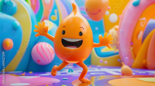 Adorable orange character with arms and legs, smiling and waving, on a colorful background