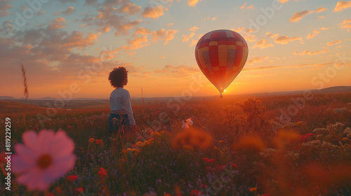 A lone hot air balloon drifting over a field of wildflowers, set against a sky transitioning from pale orange to light pink and lavender, creating a dreamy, ethereal scene.