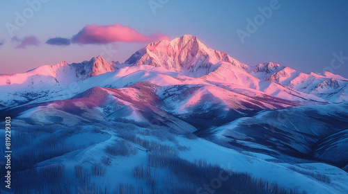 Snow-capped mountains at dusk, with the sky above fading from light turquoise to soft lavender and dusty pink, casting a gentle glow on the snowy peaks.