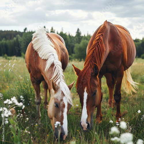 Cavalos no gramado verde, lindos cavalos.